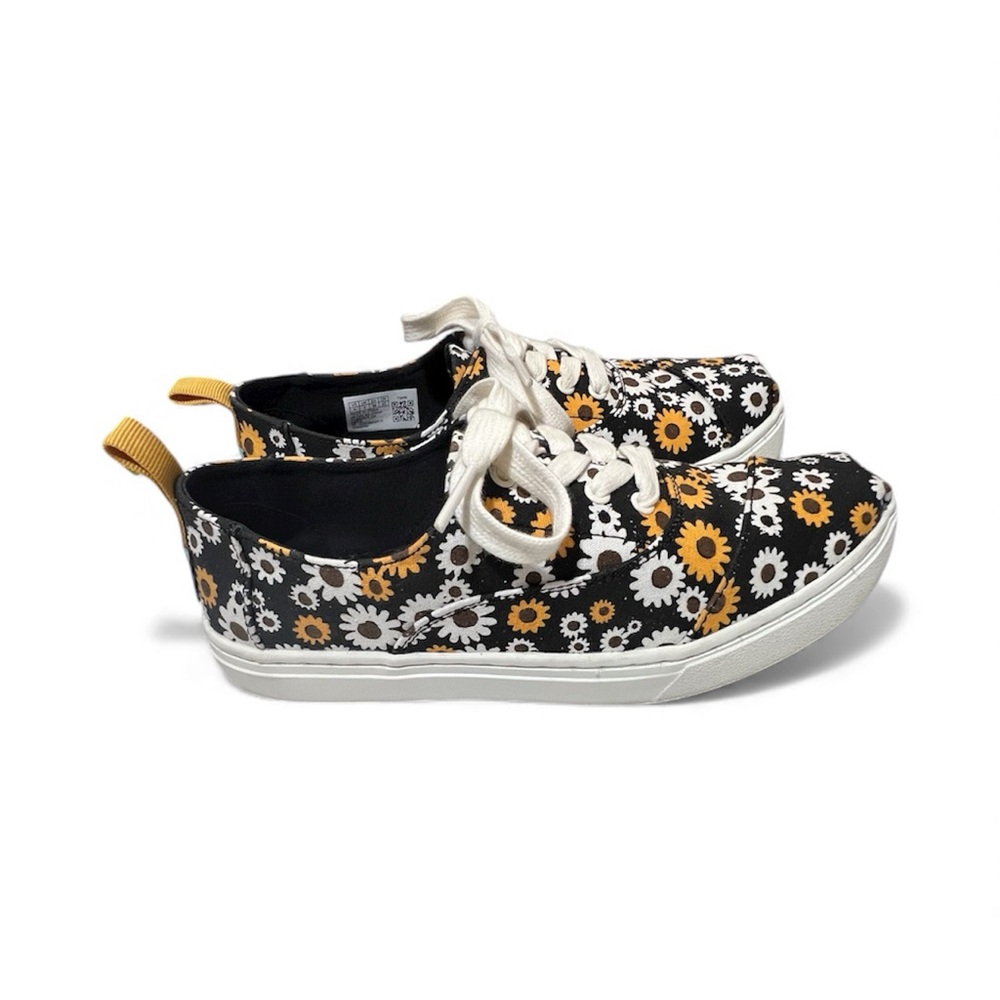 Toms Kids Sneakers - Black and Yellow Floral Daisy Size 4